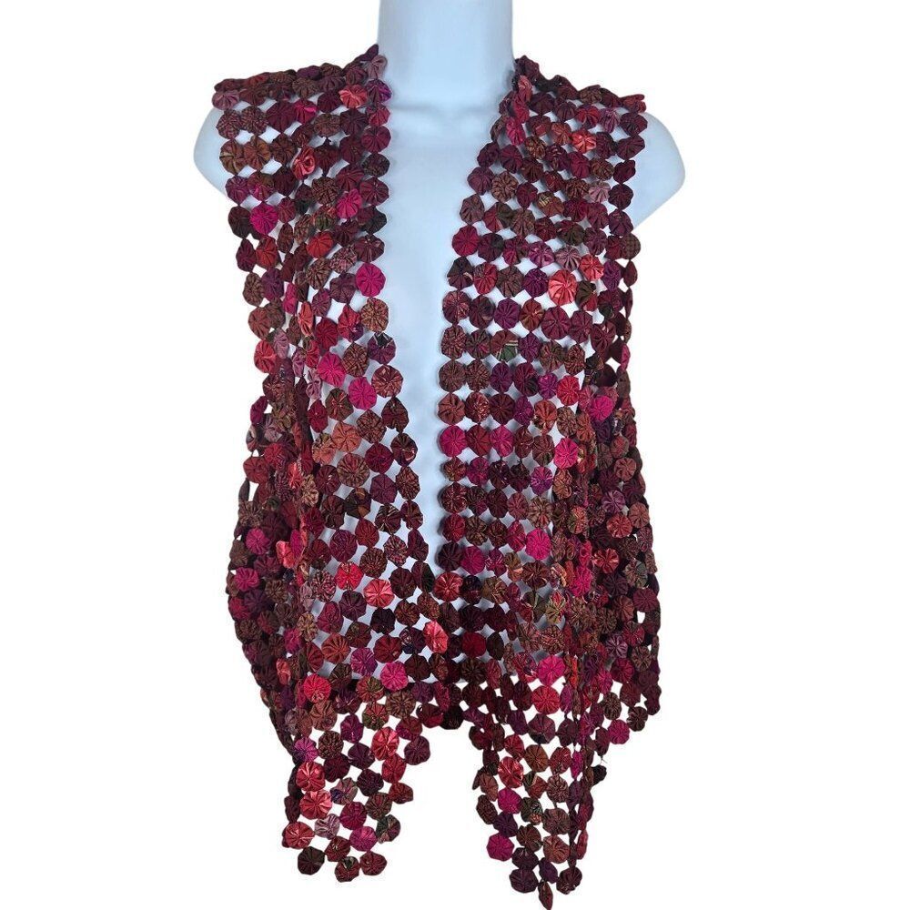 Vintage Handcrafted Multicolor Yo-Yo Vest 100% Silk Open Weave Womens L Red Pink